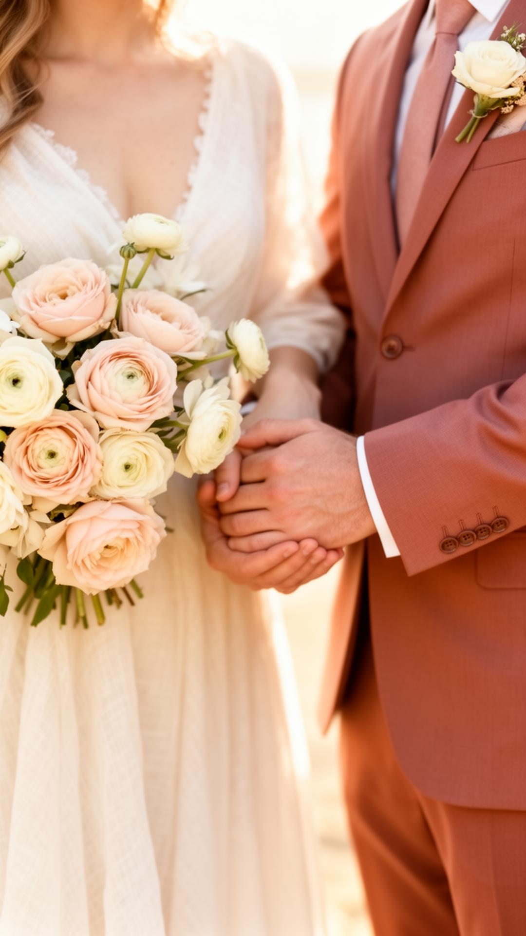 Couple holding hands with a blush bouquet